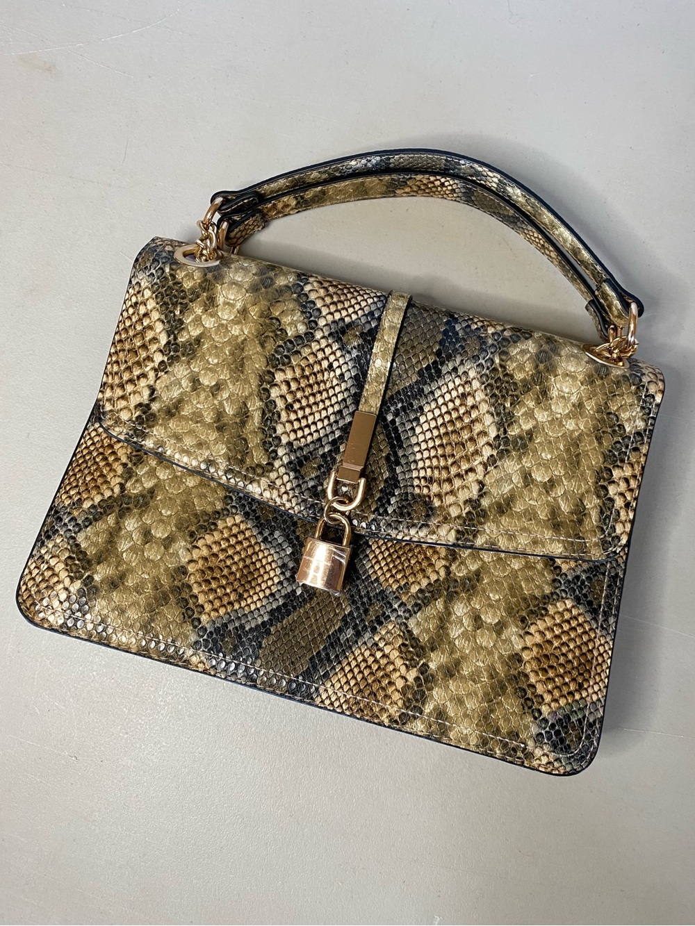 Faux Snakeskin Shoulder Bag Gold Lock Chain Purse Neutral Python Print